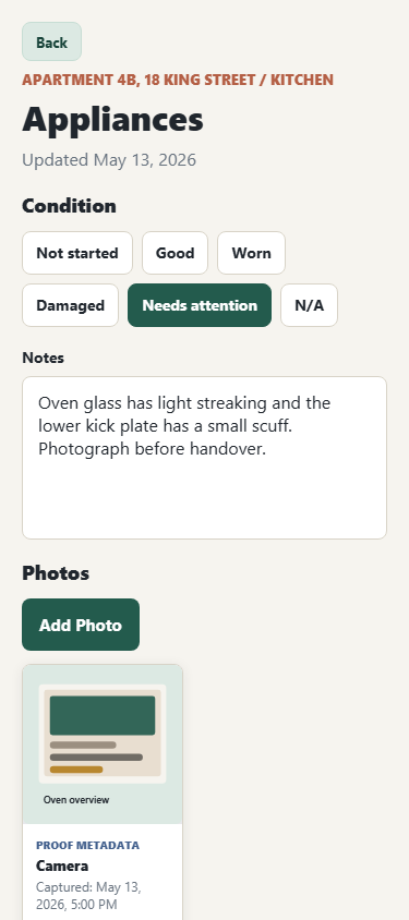 PlaceLedger checklist item detail screen with photo metadata