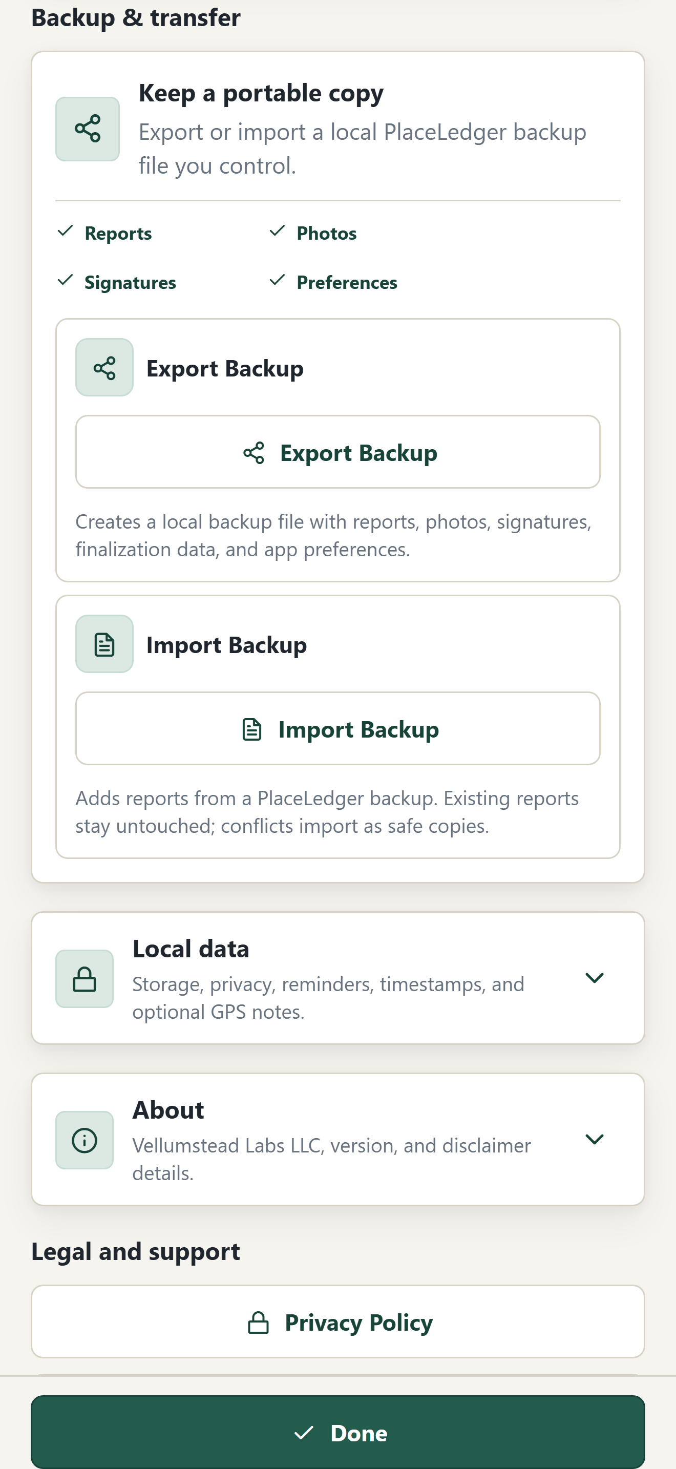 PlaceLedger settings showing local backup export and import controls